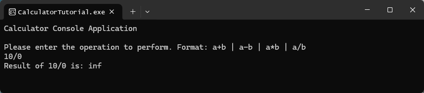 Screenshot of the Visual Studio Debug Console displaying the result of a division by zero operation.