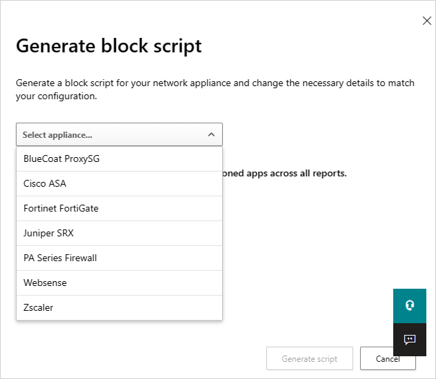 Screenshot of the Generate block script dialog showing the appliance selection option for generating a block script.
