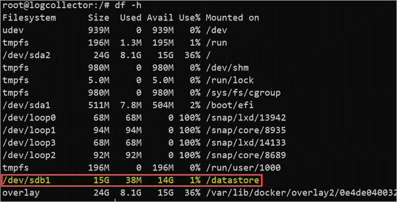 Screenshot of Linux disk partitions showing the mounted datastore partition for log collector data.