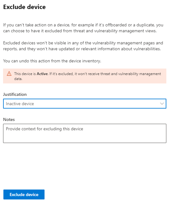 Screenshot of the exclude device dialog with justification options.