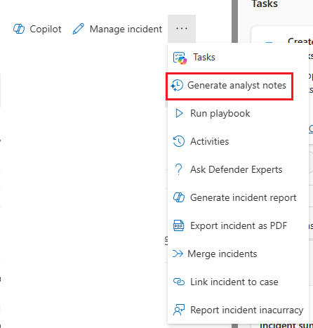 Screenshot highlighting the generate analyst notes option from the incident page in the Microsoft Defender portal.