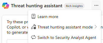 Screenshot of the More actions menu in the Security Copilot side pane, showing the Switch to Security Analyst Agent option.