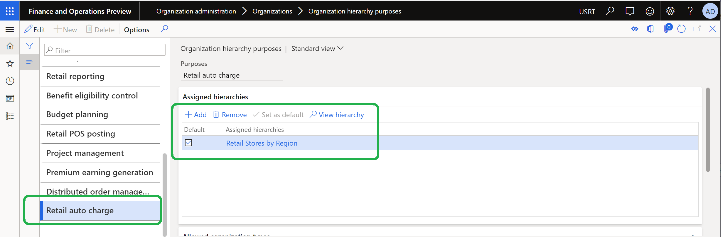 Screenshot of the configuration of the Retail auto charge organization hierarchy purpose.