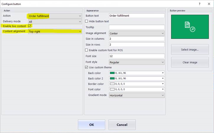 Screenshot of live content settings in the button grid designer.