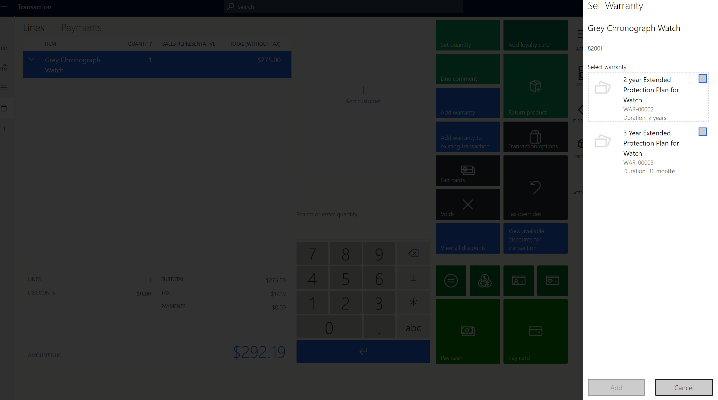 Screenshot of a prompt to add a warranty item for the current purchase.