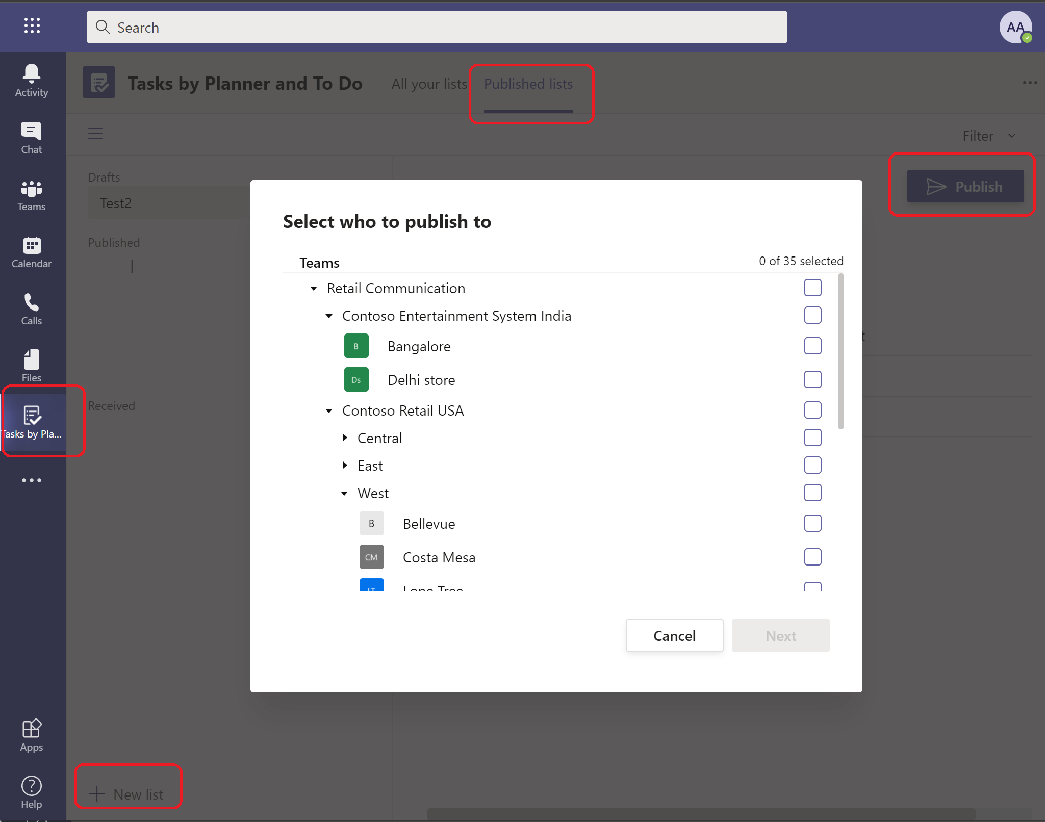 Screenshot of an organizational hierarchy in the Select who to publish to dialog box.