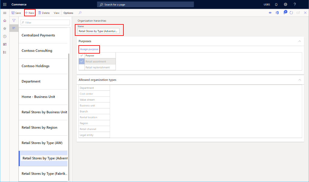 Screenshot of an example organizational hierarchy.
