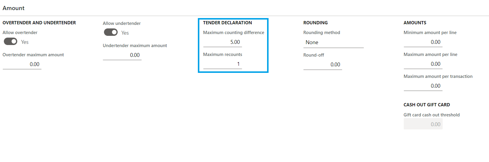 Screenshot of an example payment method setup for amounts.