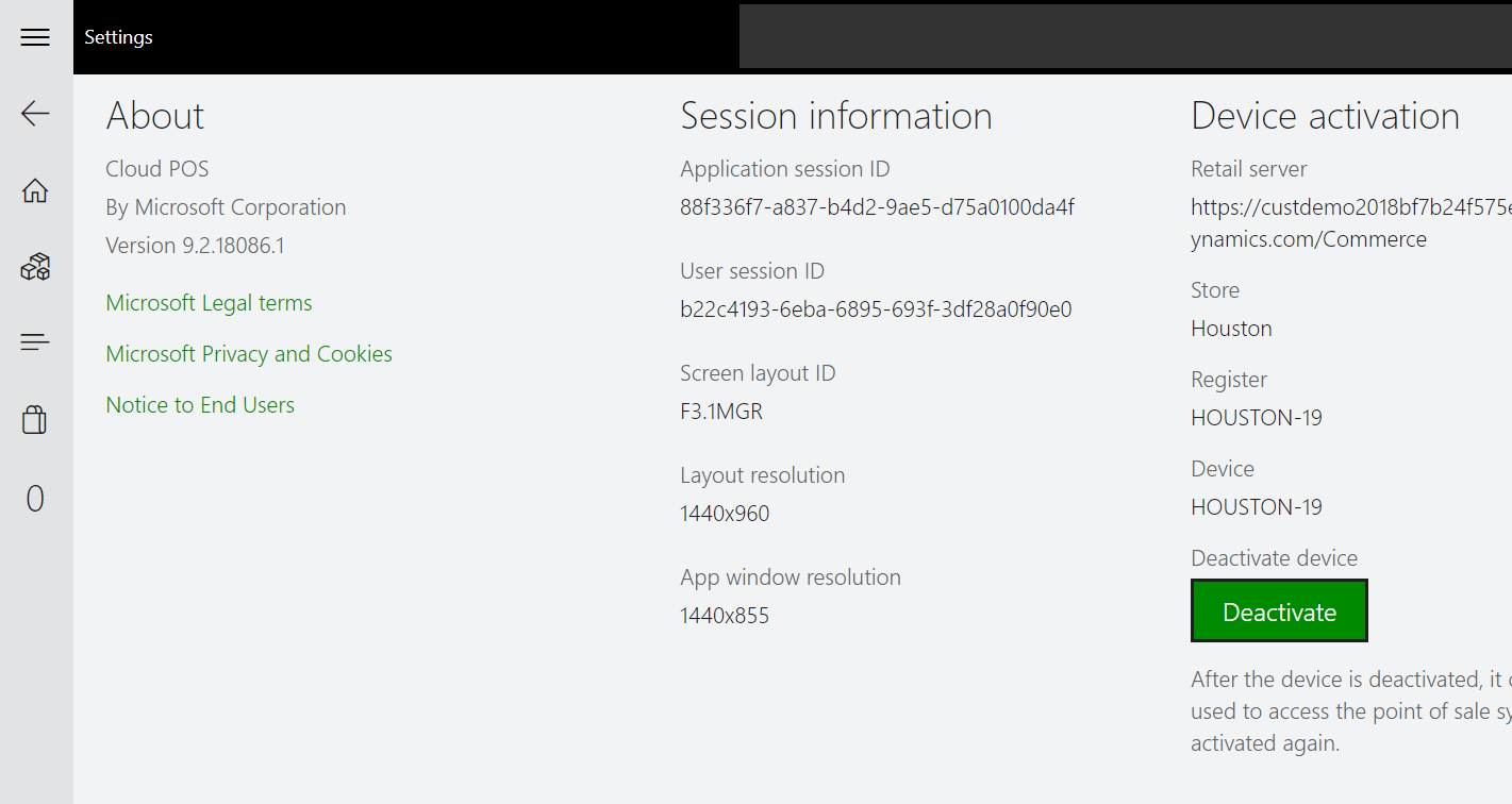 Screenshot of POS session information page showing the currently loaded screen layout, layout size, and resolution of the app window.