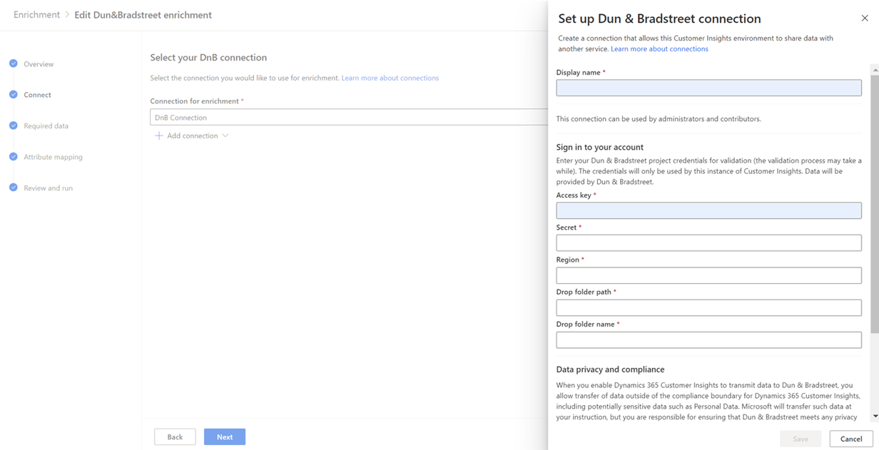 Screenshot of the Dun & Bradstreet connection configuration page.