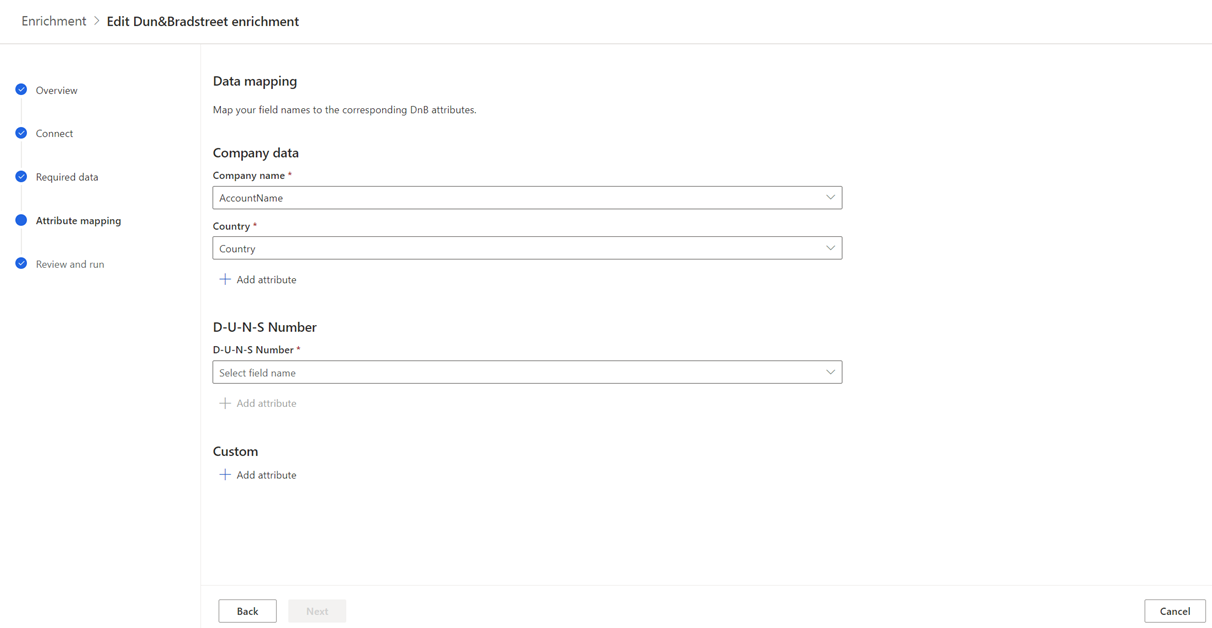 Screenshot of the Dun & Bradstreet field-mapping pane.