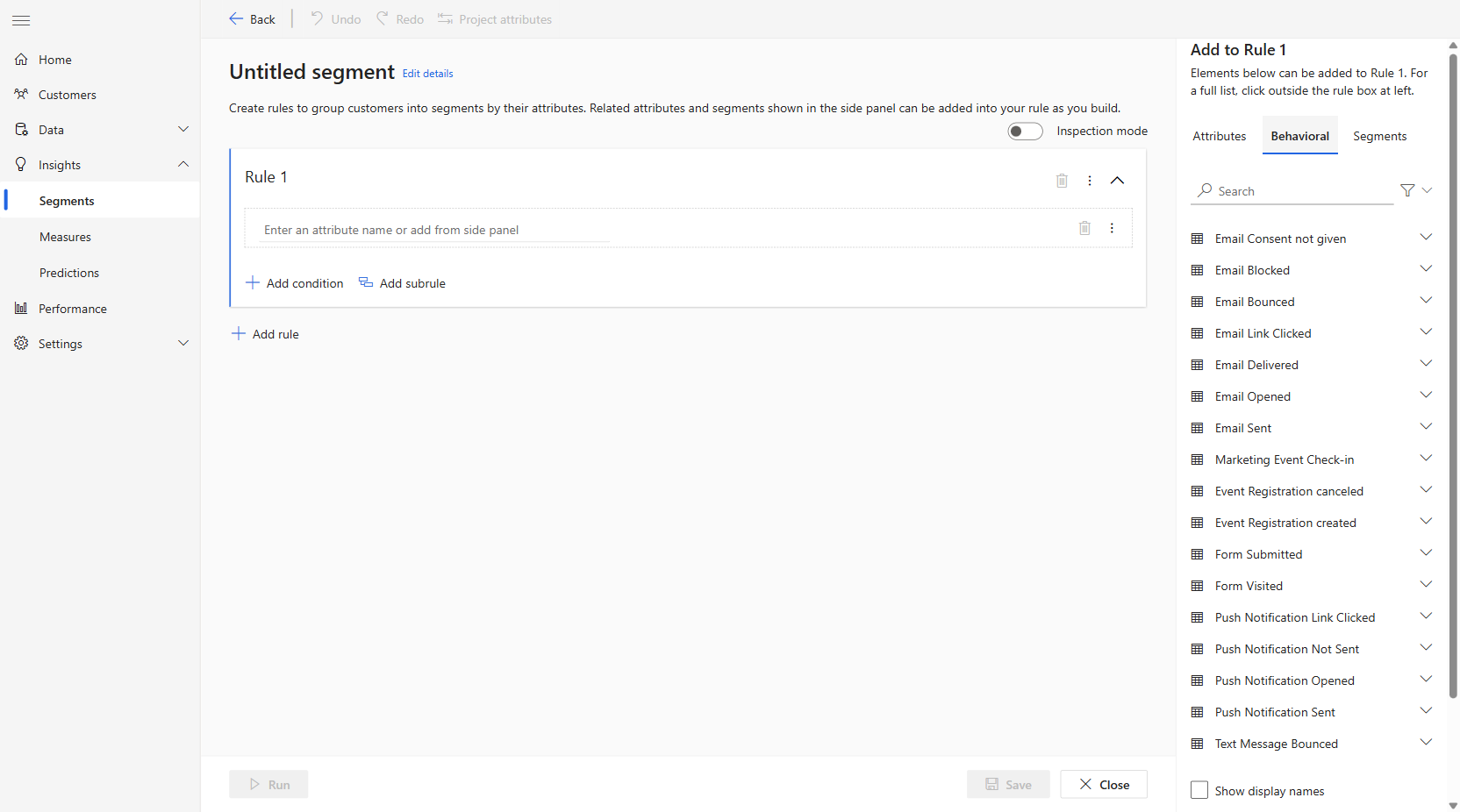 Screenshot of the Behavioral tab in the segment builder side panel, showing the full list of Customer Insights - Journeys interaction types such as Email Opened, Email Sent, Form Submitted, and others.