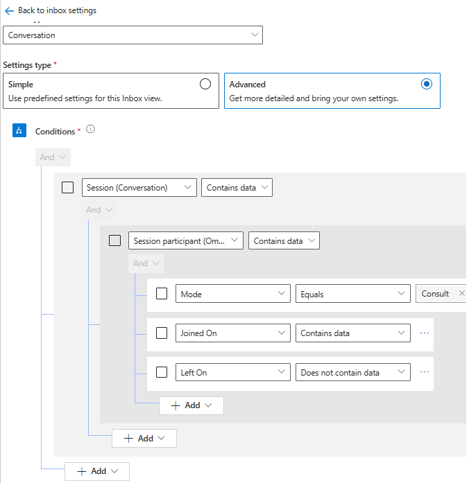 Screenshot of the conditions builder to view consult sessions in the inbox.