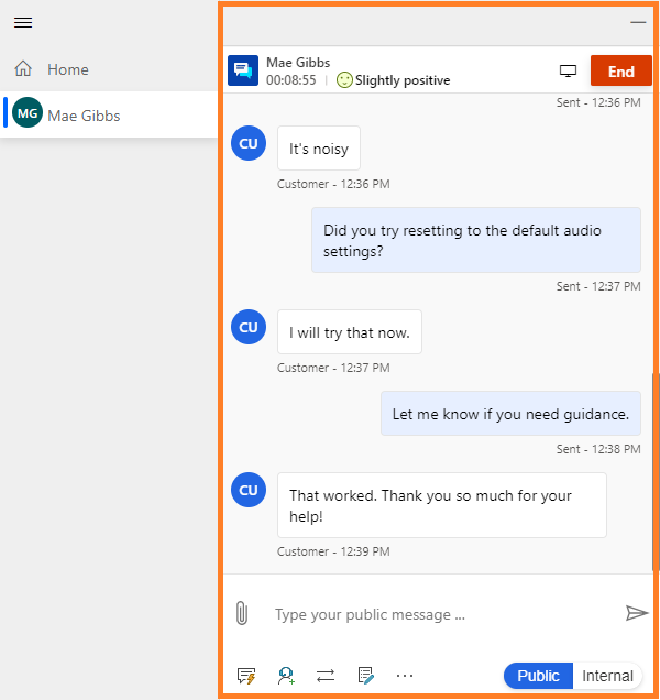 Communication panel in the representative interface of the app.