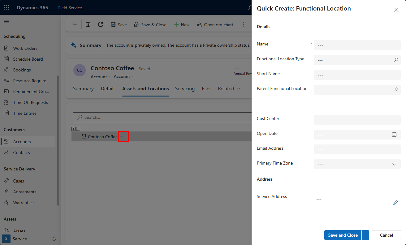 Screenshot of the Quick Create: Functional Location pane on an account record, with the ellipsis menu highlighted.