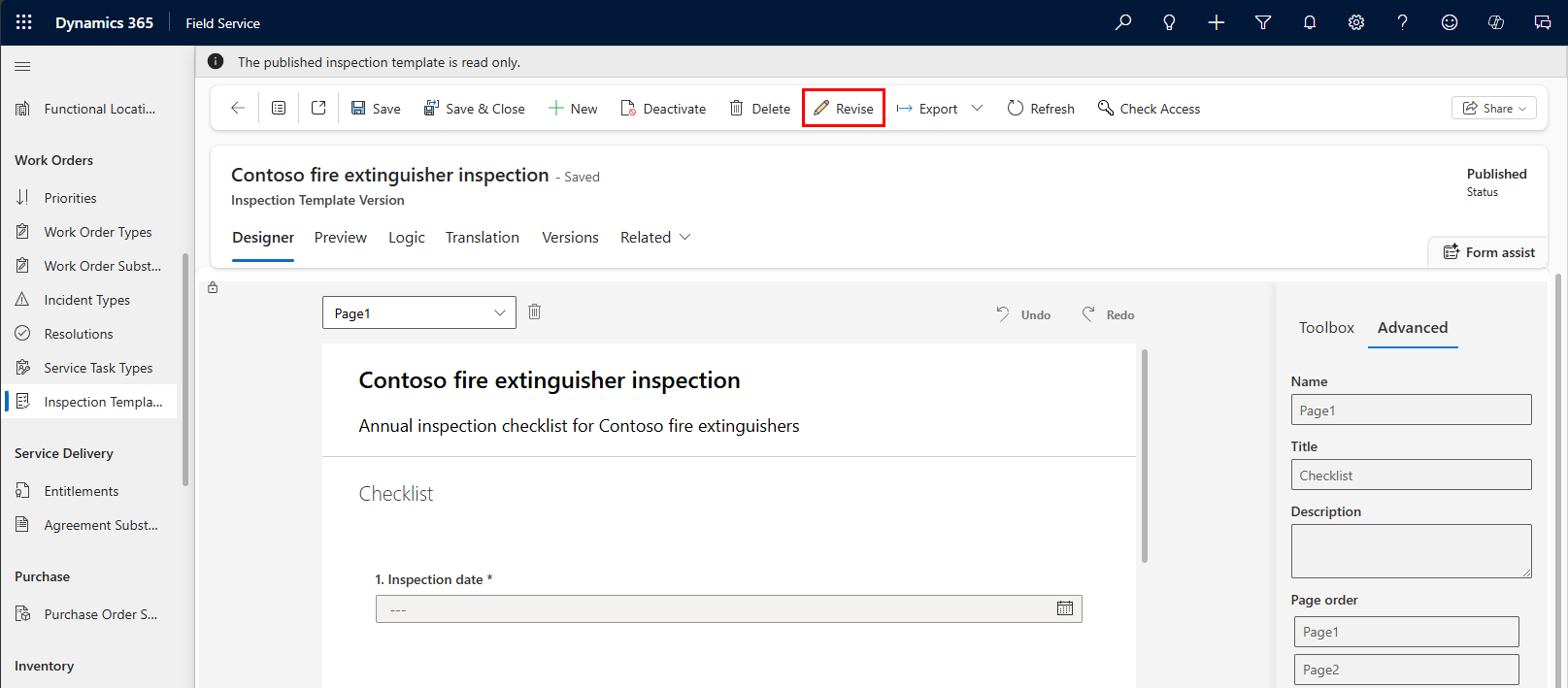 Screenshot with versioning options for inspections.