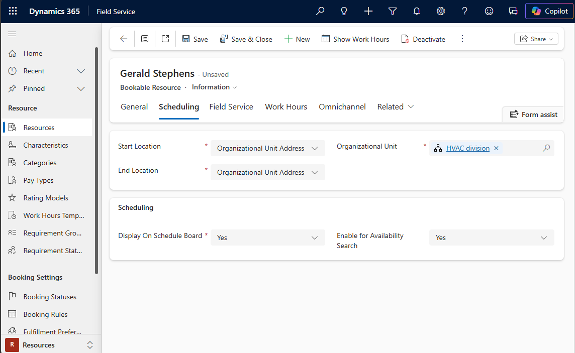 Screenshot of the Bookable Resource record with an associated organizational unit.