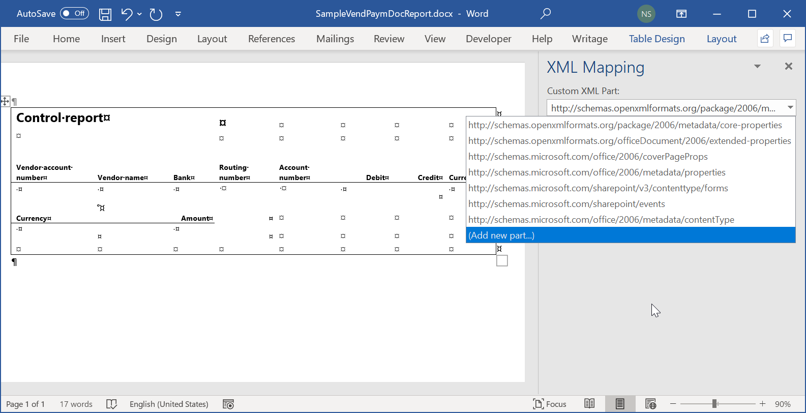 Screenshot of the Word template layout in the desktop application.
