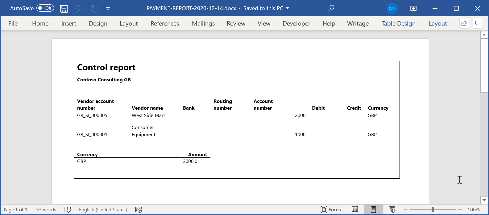 Screenshot of generated output in Word format.