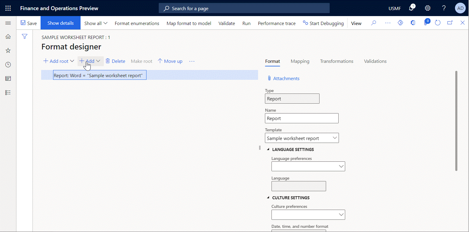 Screenshot of adding nested elements on the Format designer page.