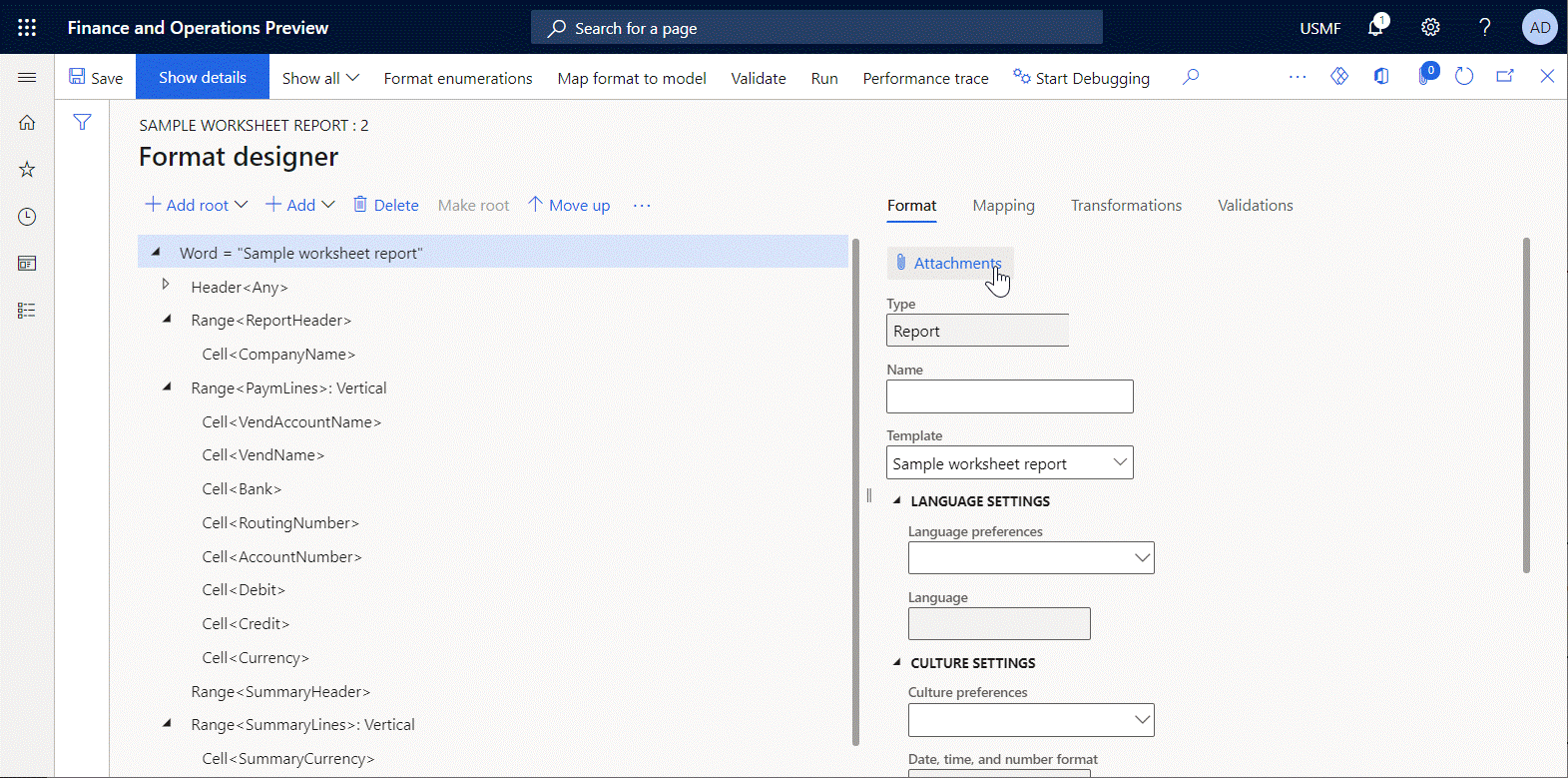 Screenshot of previewing the sample report template in the Word desktop application.