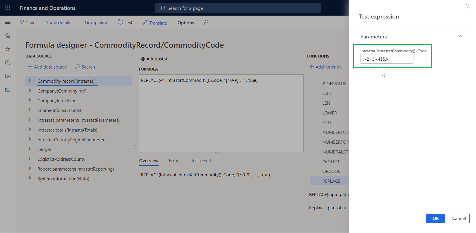Screenshot of specifying the Intrastat commodity code for testing.