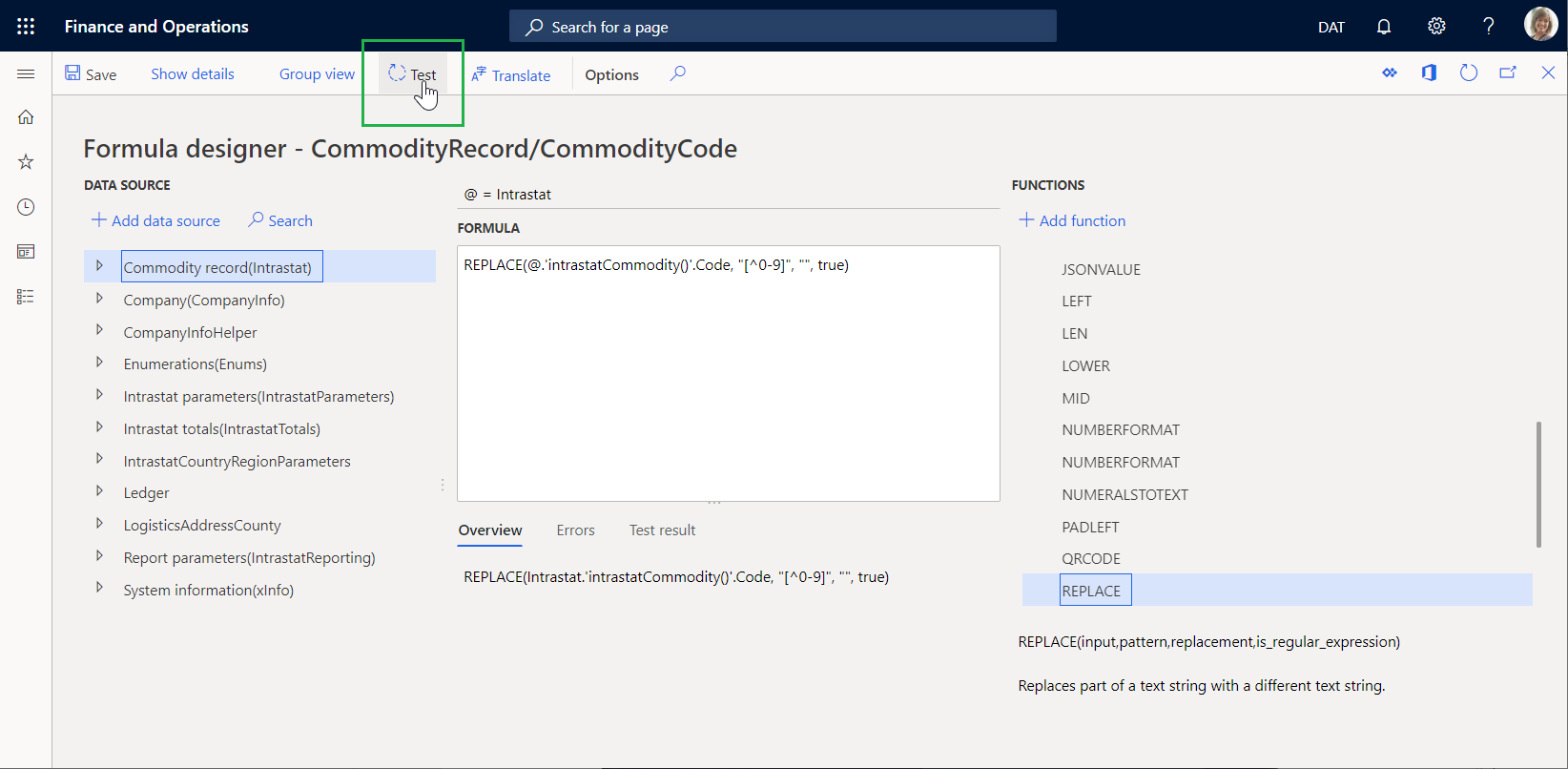 Screenshot of selecting Test to validate a formula.