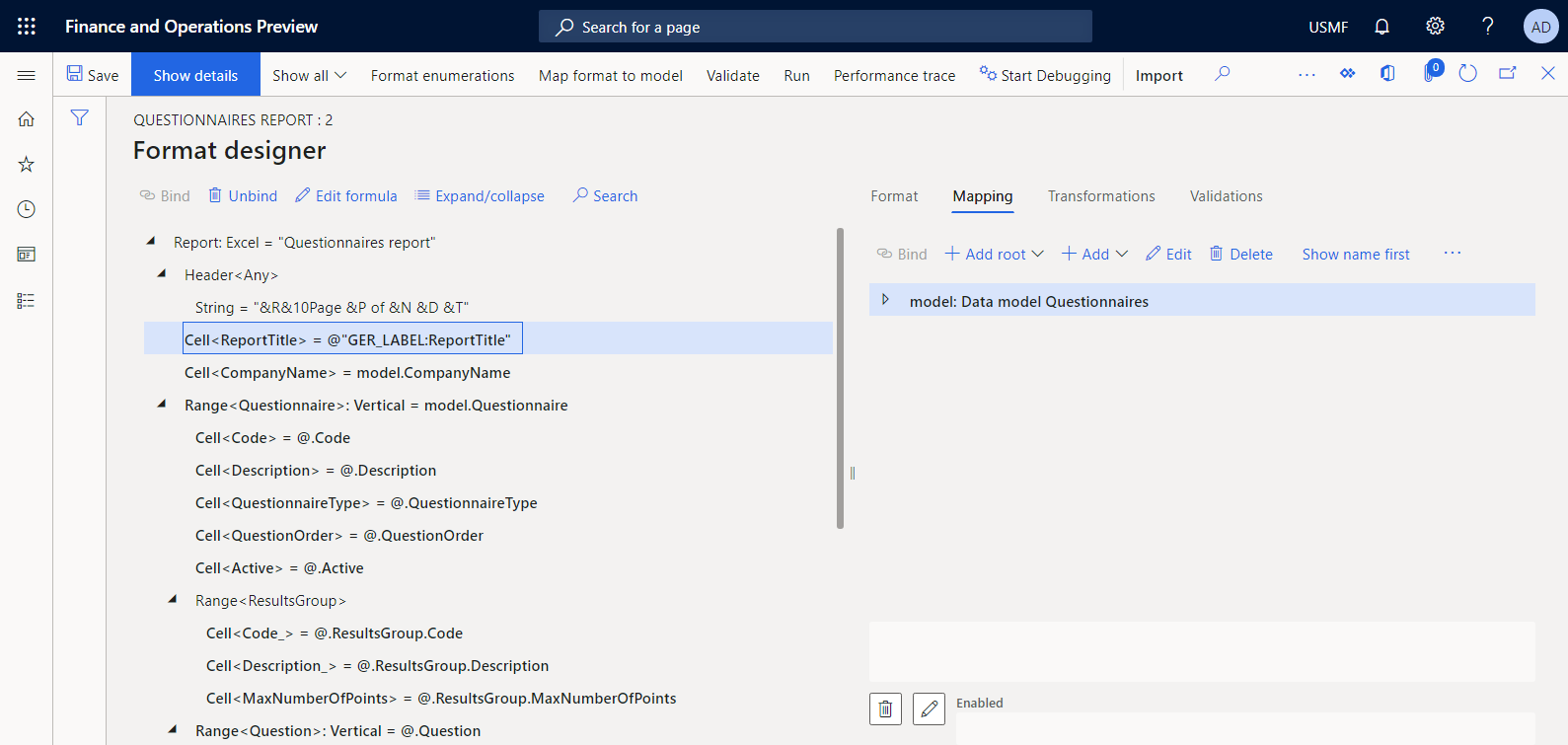 Screenshot of configuring the binding to fill in the title of a generated report.