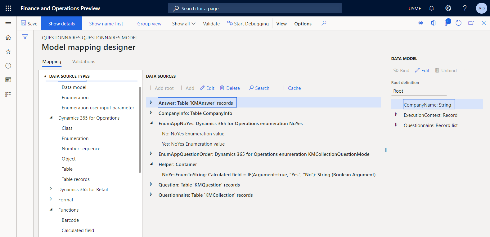 Screenshot of the configured model mapping in the ER model mapping designer.