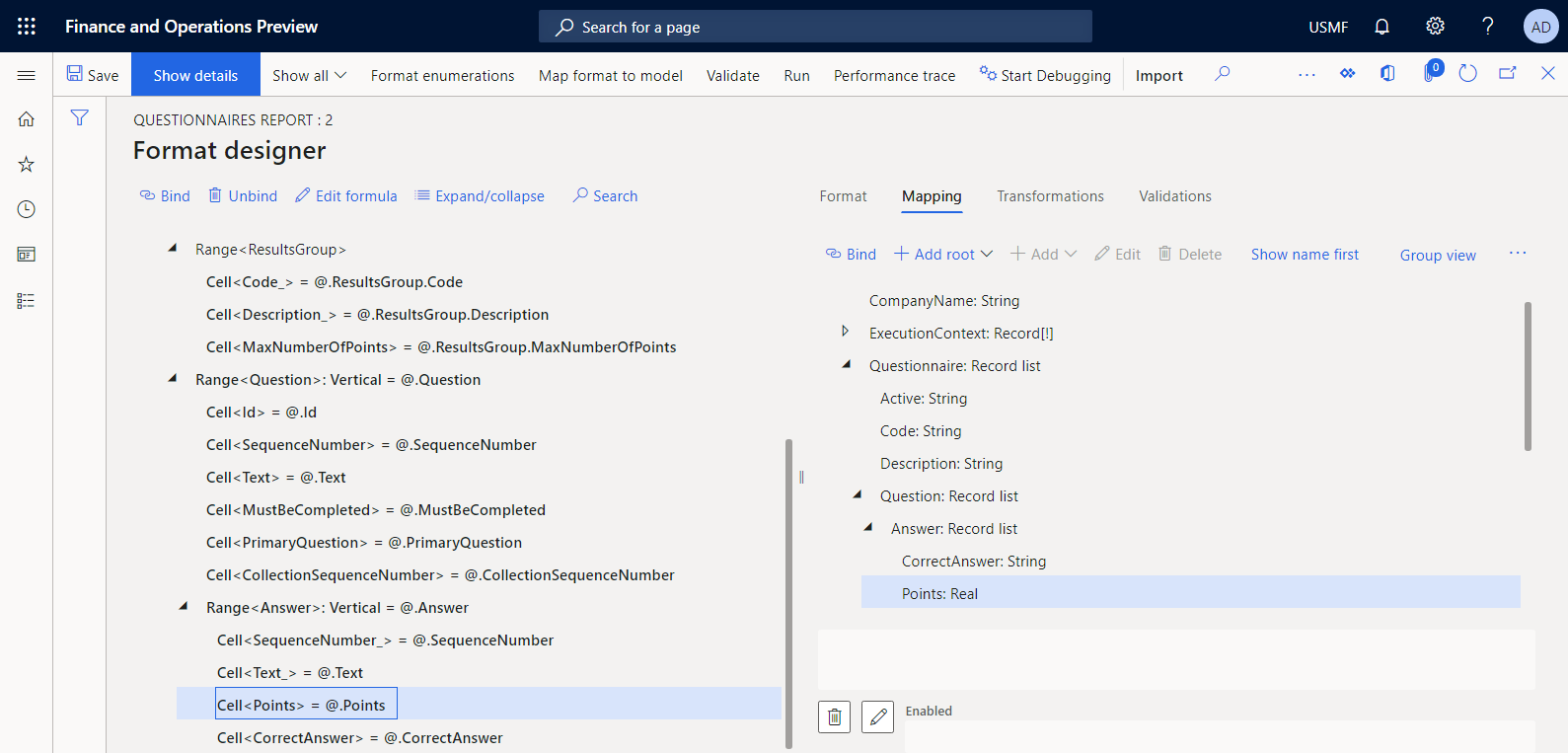 Screenshot of the configured data bindings in the ER Operation designer.