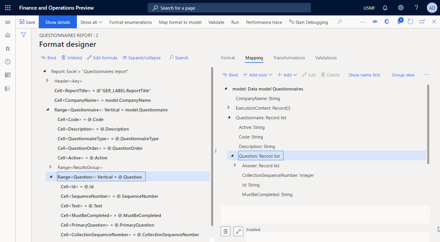 Screenshot of the Question format element of the Range type in the ER Operation designer.
