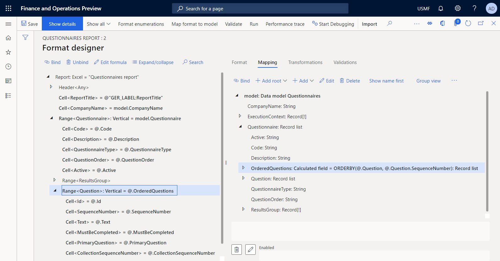 Screenshot of binding the Question format element to the configured OrderedQuestions data source in the ER Operation designer.