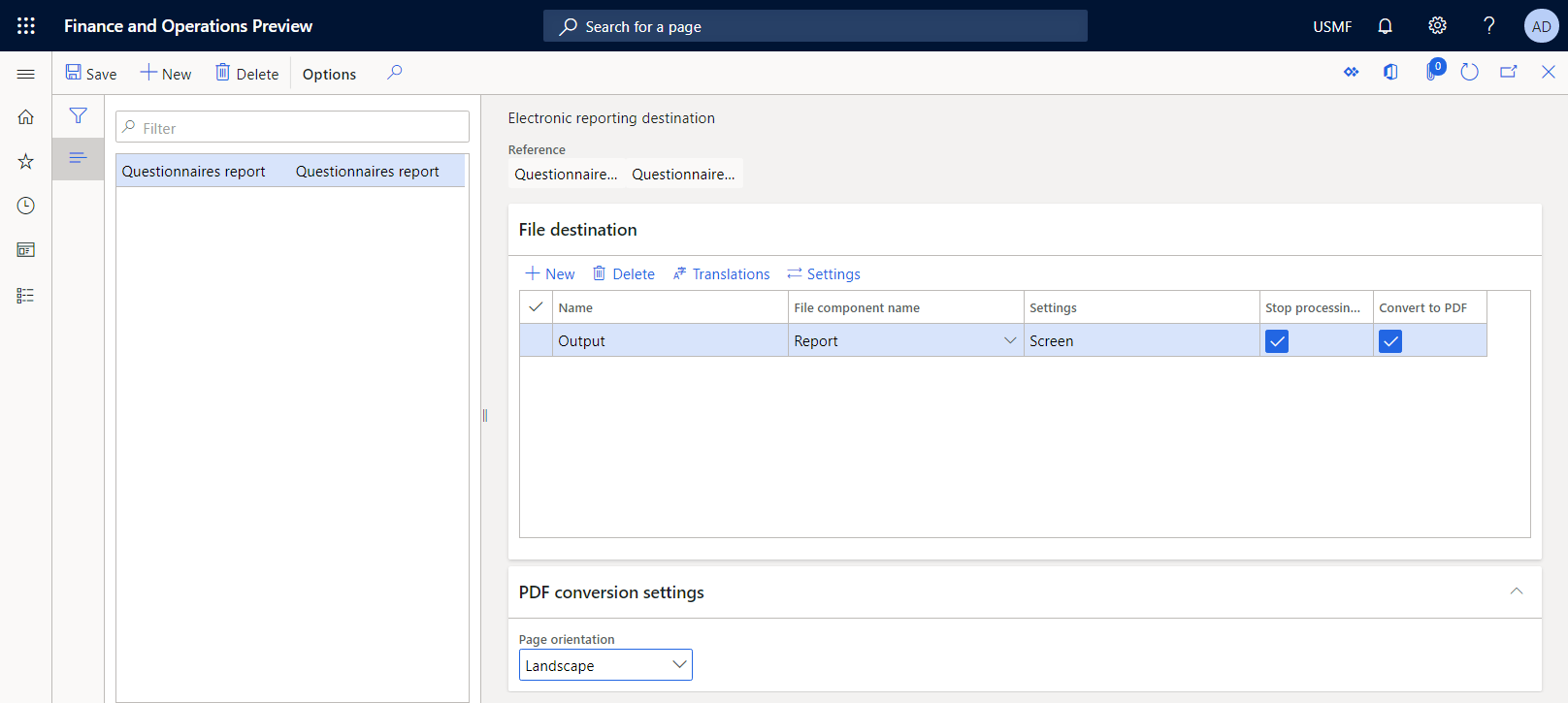 Screenshot of configuring the custom Screen destination for the ER format on the Electronic reporting destination page.