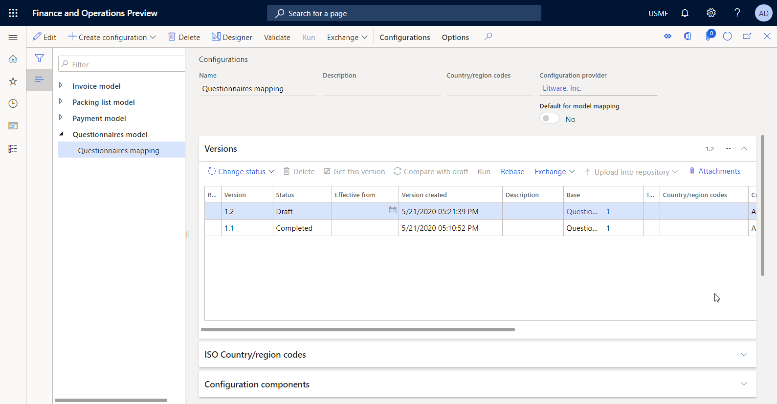 Screenshot of the versions of the editable ER configuration on the Configurations page.