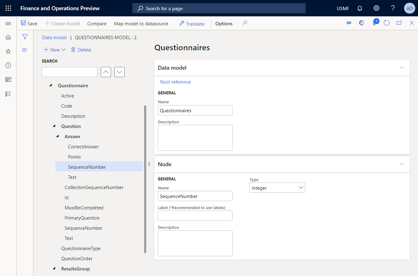 Screenshot of the configured data model in the ER data model designer.