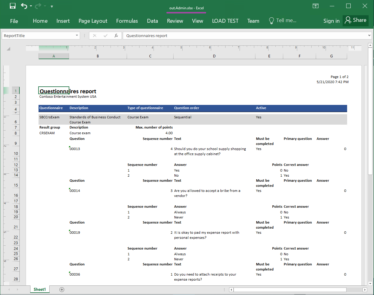 Screenshot of an example of a generated report in Excel format, page 1.