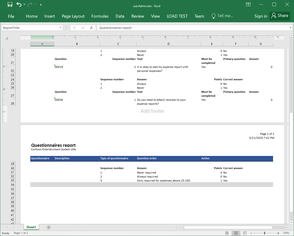 Screenshot of an example of a generated report in Excel format, page 2.