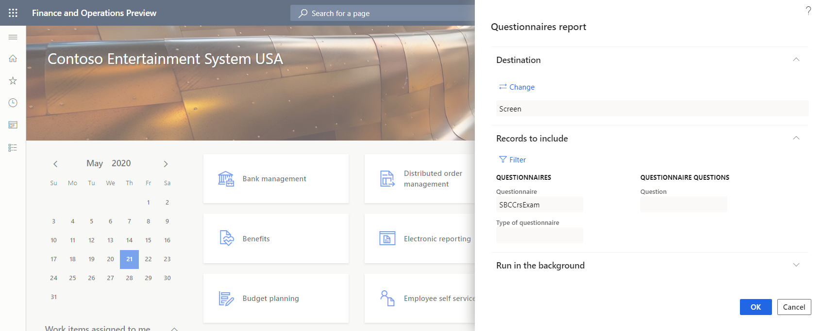Screenshot of specifying selection criteria in the Questionnaires report dialog box.