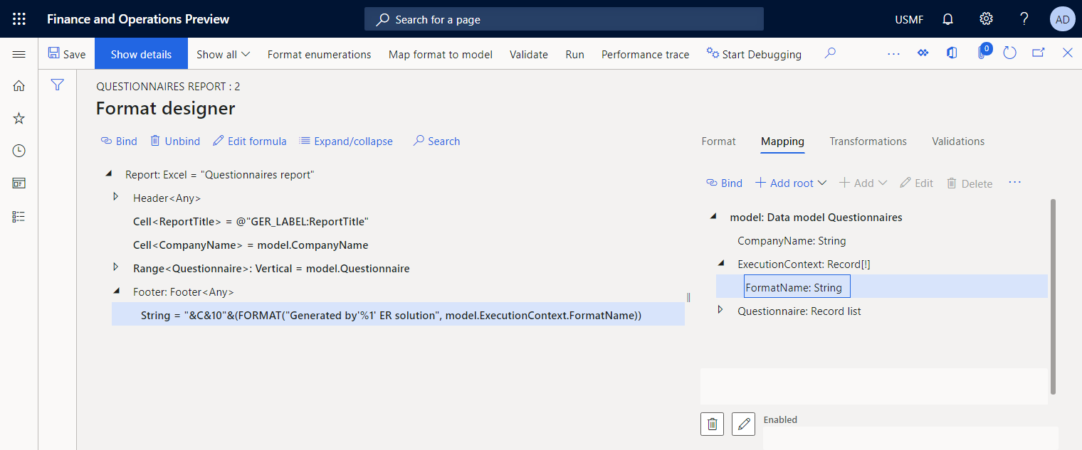Screenshot of adding the Footer format element to the configured format in the ER Operation designer.