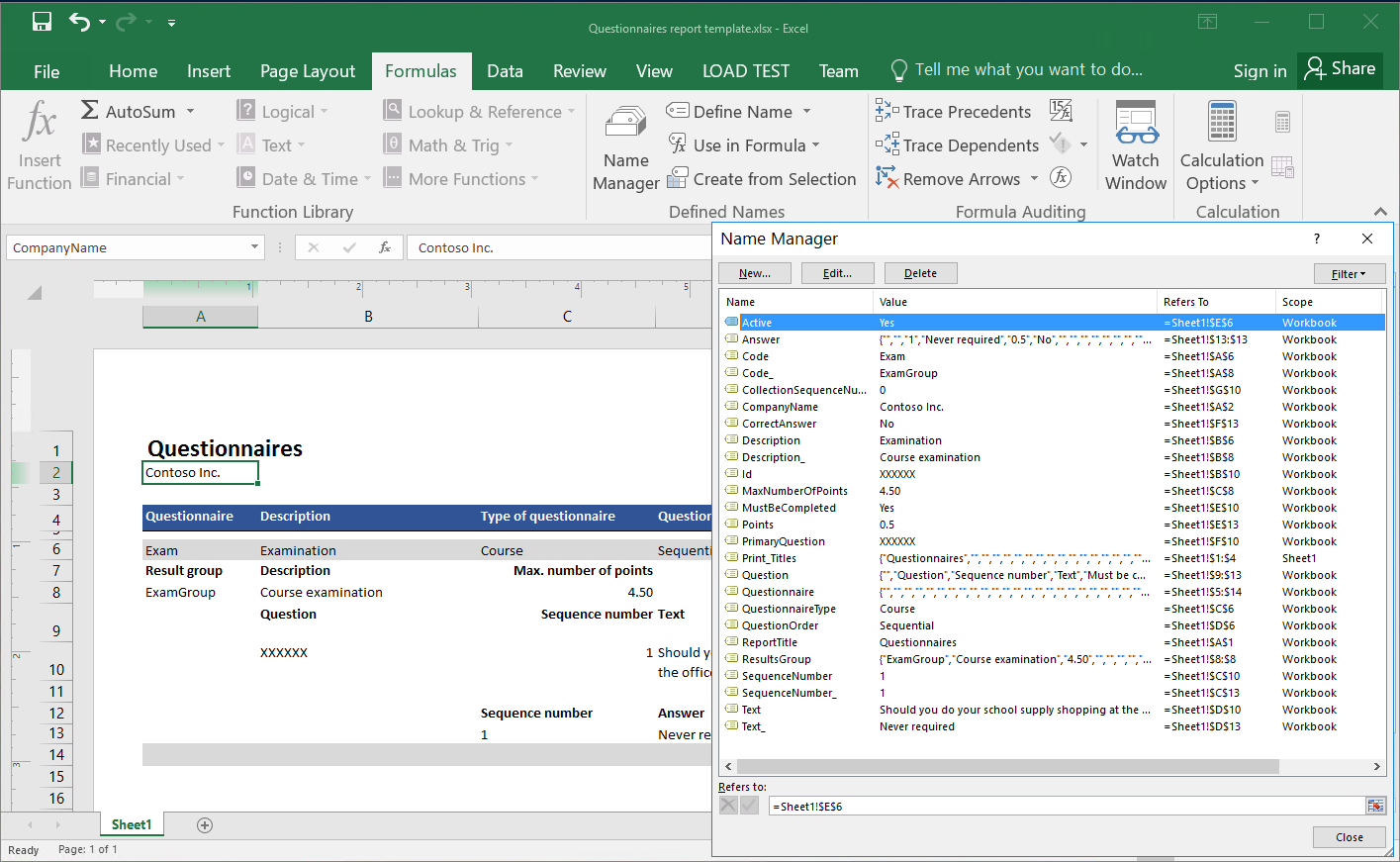 Screenshot of using Name Manager to review Excel names in the provided Excel template.