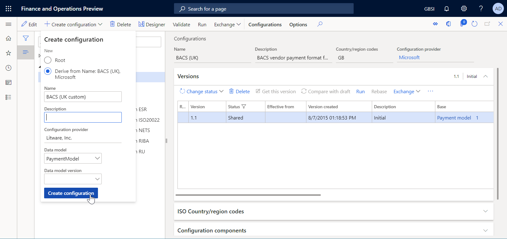 Screenshot of the Create configuration drop-down dialog box.