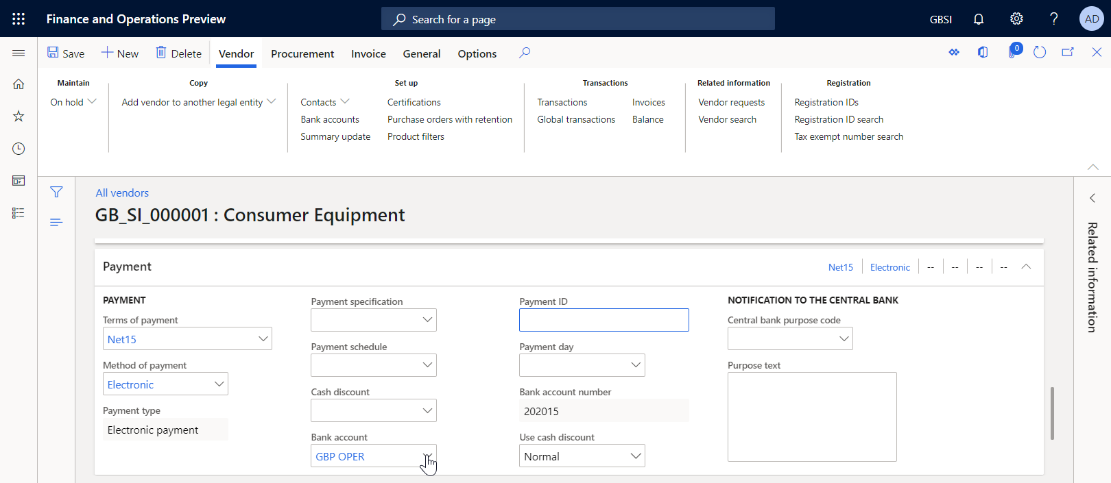 Screenshot of the Vendor details page.