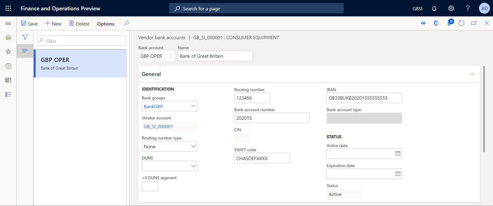 Screenshot of the Vendor bank accounts page.