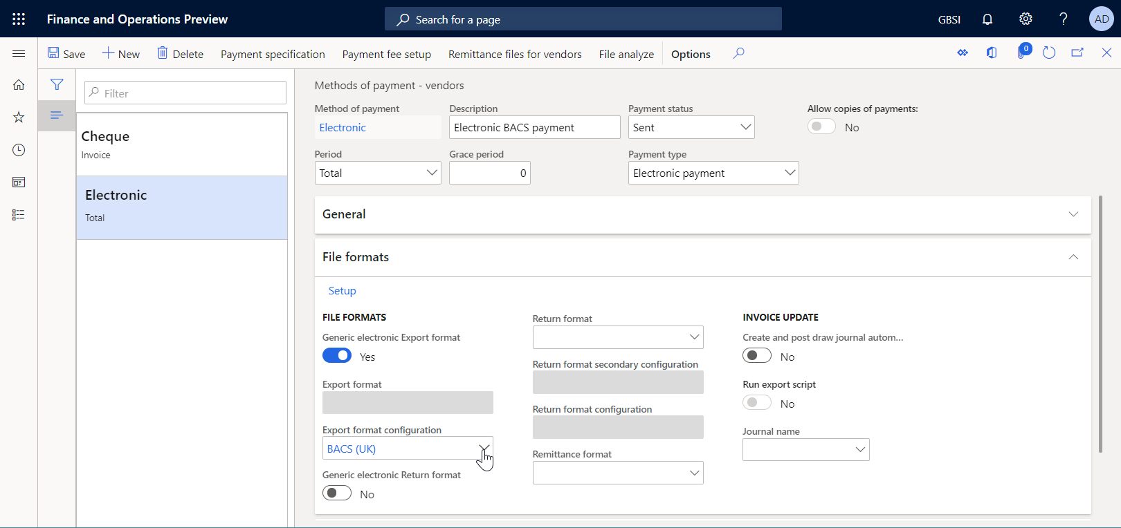 Screenshot of the Methods of payment - vendors page to set up electronic payment method to process vendor payments using a standard format.