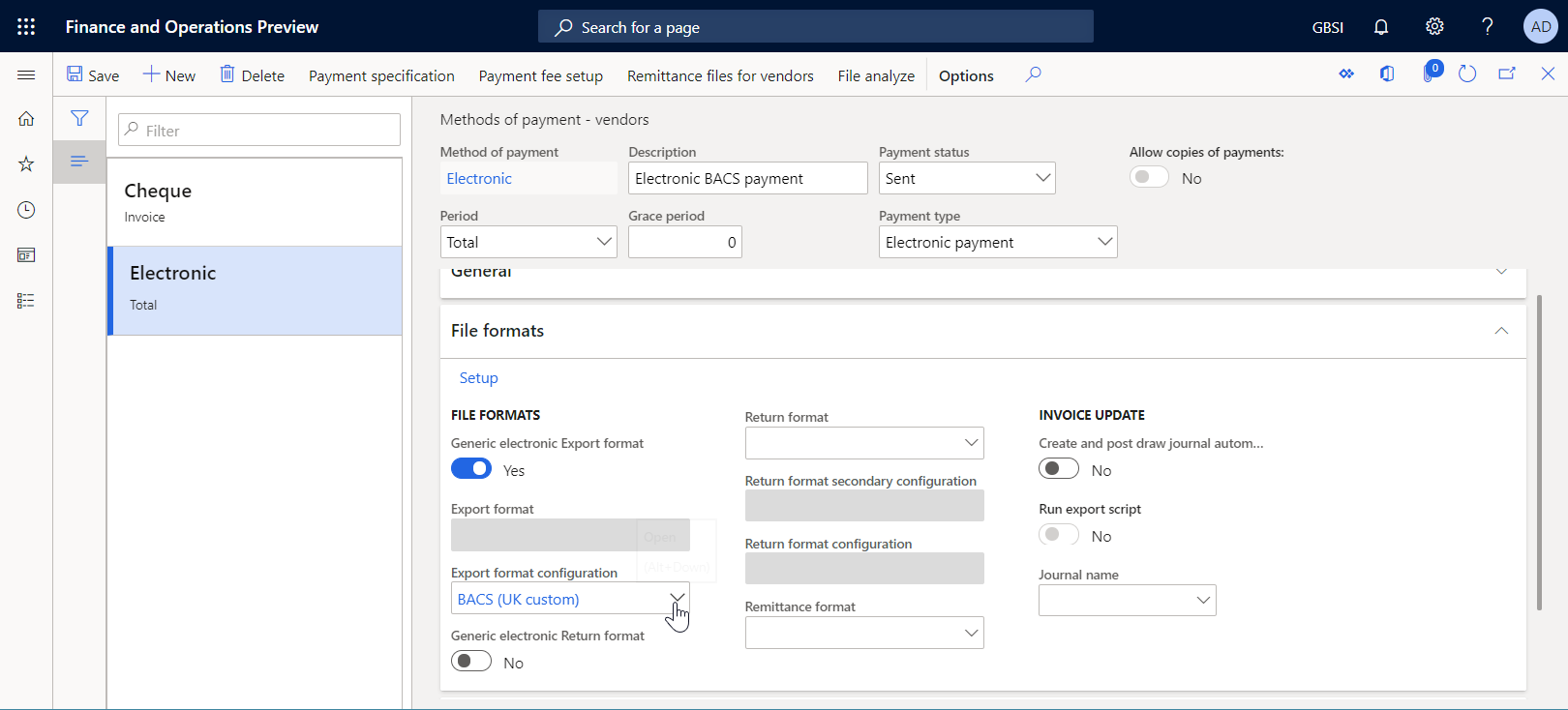Screenshot of the Methods of payment - vendors page to set up electronic payment method to process vendor payments using a custom format.
