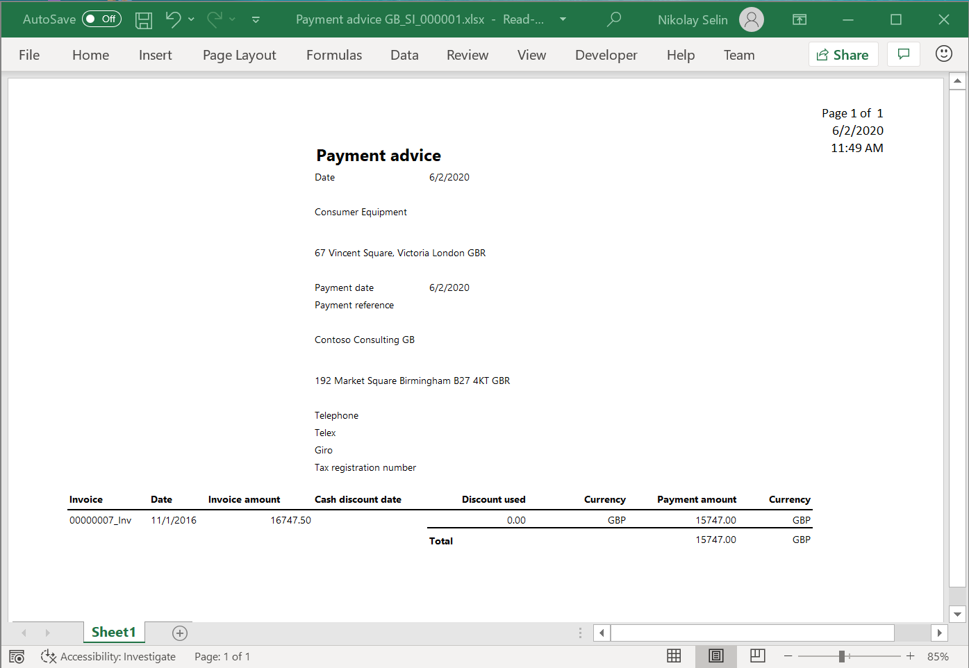 Screenshot of the payment advice report in Excel format.