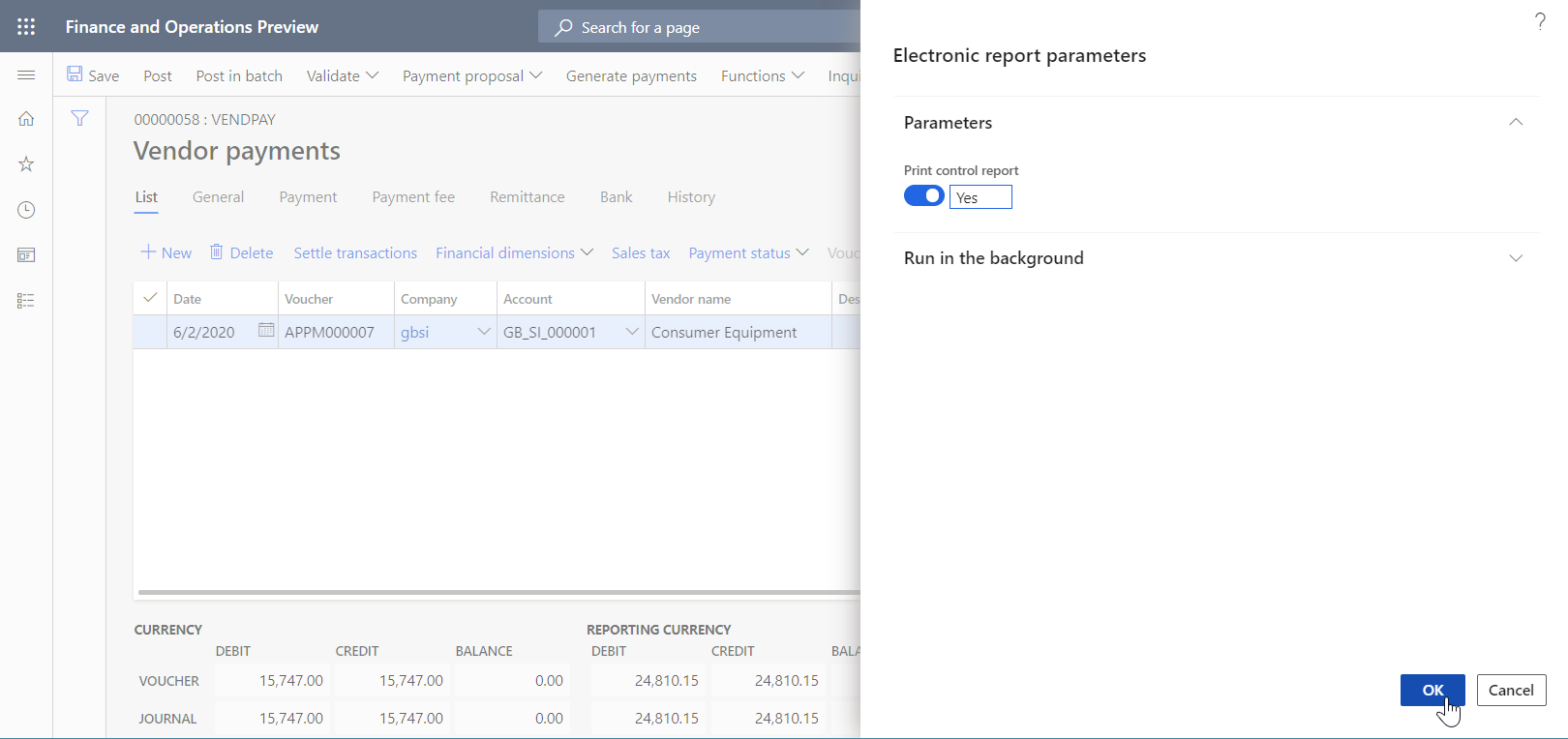 Screenshot of the Electronic report parameters dialog page.