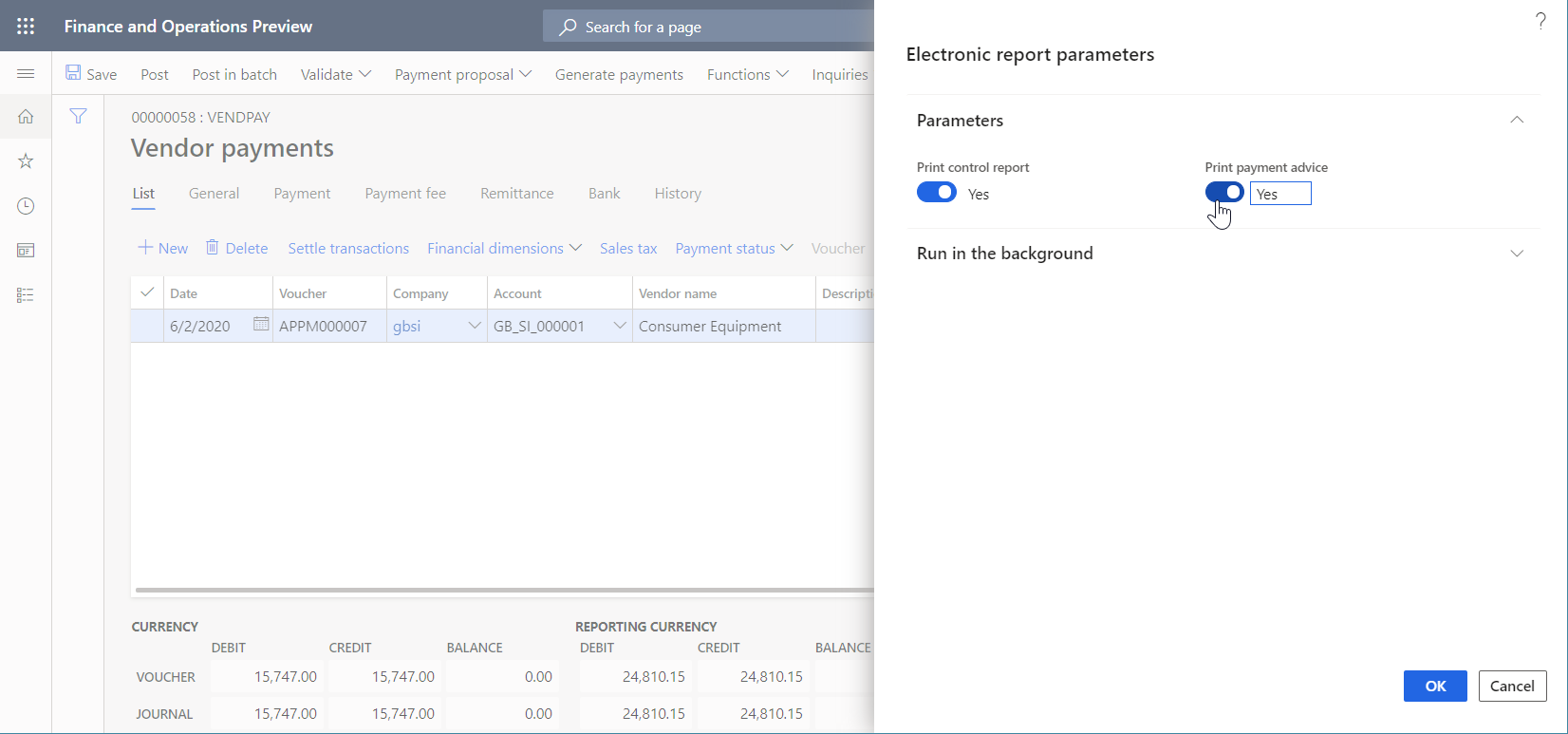 Screenshot of the Electronic report parameters dialog box.
