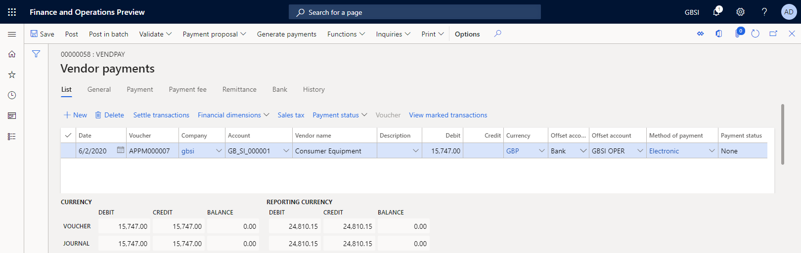Screenshot of the Vendor payments page.