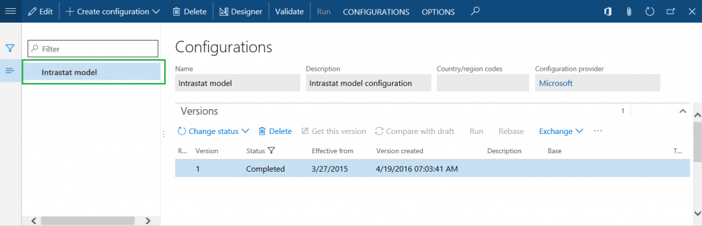 Screenshot of the Intrastat ER model configuration on the Configurations page.